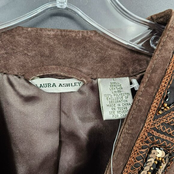 Laura Ashley Nubuck Leather Blazer Jacket L Brown Beaded Sequin Embroidered New - Picture 2 of 13